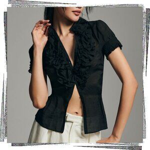 Black Sheer Fitted Ruffle NeckTop (S) Anthropologie x Mare Mare